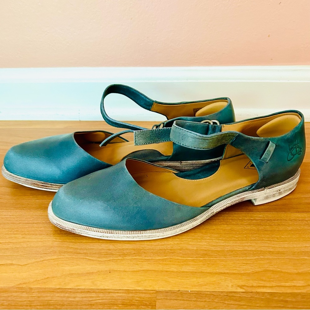 Slate blue leather John Fluevog Anna Maria Mod Vog strappy Mary Jane flats